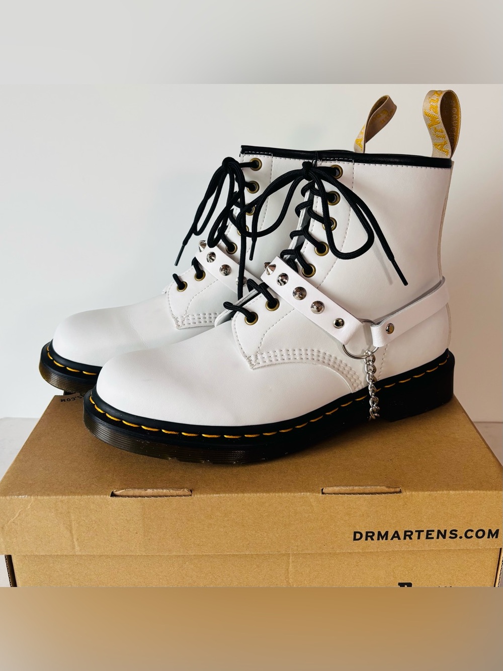 Dr. Martens 1460 White Vegan Combat Boots with Custom Studded Boot Straps